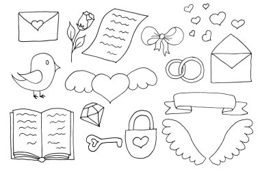 El ile romantik sevimli öğeleri ayarla vektör çekilmiş. İllüstrasyon kalp, kuş, çiçek doodle tarzı. Sevgililer günü