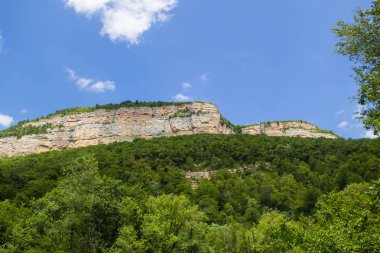 Dağ ve orman bulutlar ile ışık mavi gökyüzü altında