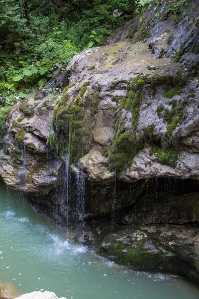 Malý vodopád po kamenech obalených mechem v létě lese — Stock fotografie