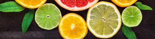 Banner Der Ecke Mit Orangen Zitronen Limetten Grapefruit Und Minzmuster — Stockfoto
