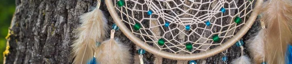 Rüya Yakalayıcı Iple Asılı Tüyler Konu Boncuk Afiş Dreamcatcher Yapımı — Stok fotoğraf