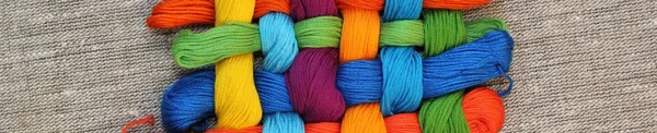 Banner Colorful Cotton Craft Threads Burlap — Stock Photo, Image