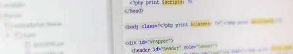 Banner of Software developer programming code. Abstract computer script code. Programming code abstract screen of software developer. Programming Work Time. Programmer Typing Lines HTML Code.