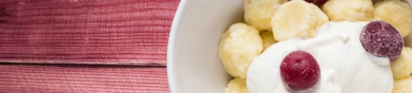 Banner Traditional Russian Ukrainian Cottage Cheese Lazy Dumplings Served Sour — Stock Photo, Image