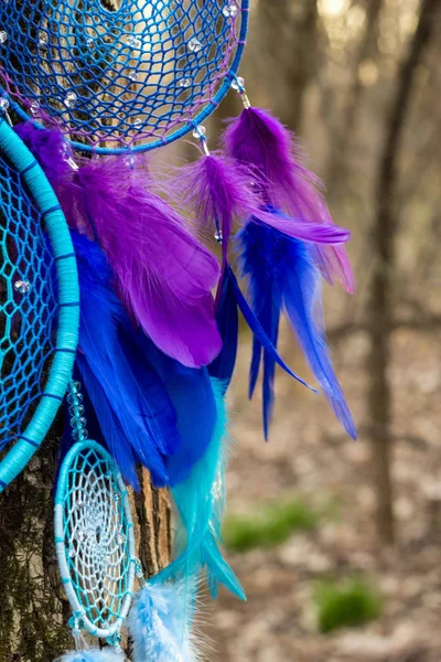 Handmade dream catcher with feathers threads and beads rope hanging — Stock Photo, Image