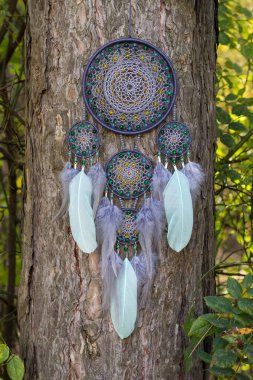 El yapımı rüya yakalayıcı iple asılı tüyler konu ve boncuk