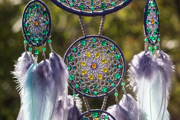 Handmade dream catcher with feathers threads and beads rope hanging — Stock Photo, Image