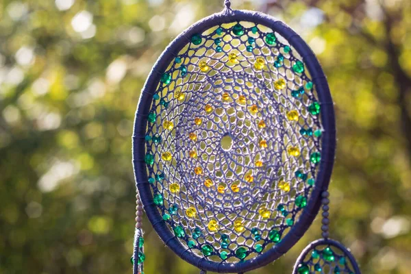 Handmade dream catcher with feathers threads and beads rope hanging — Stock Photo, Image