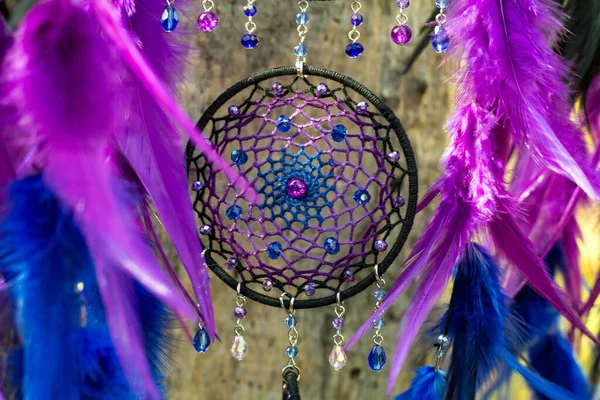 Handmade dream catcher with feathers threads and beads rope hanging — Stock Photo, Image