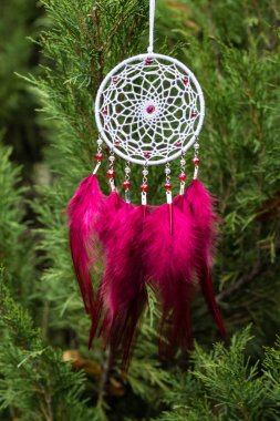 El yapımı rüya yakalayıcı iple asılı tüyler konu ve boncuk