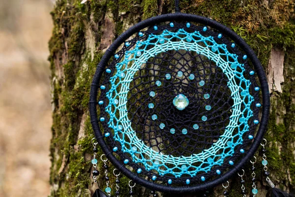 Handmade dream catcher with feathers threads and beads rope hanging — Stock Photo, Image