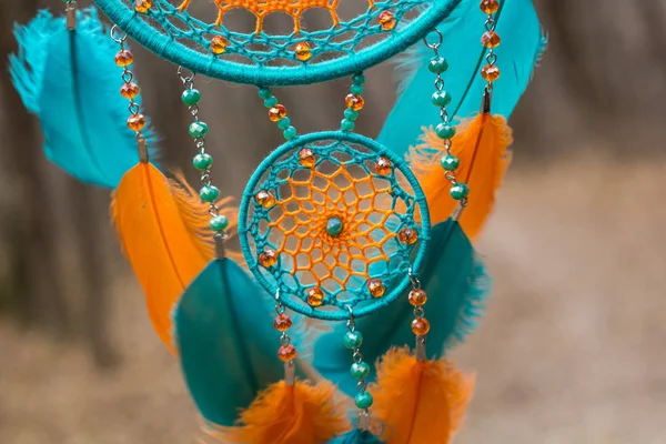 Handmade dream catcher with feathers threads and beads rope hanging — Stock Photo, Image