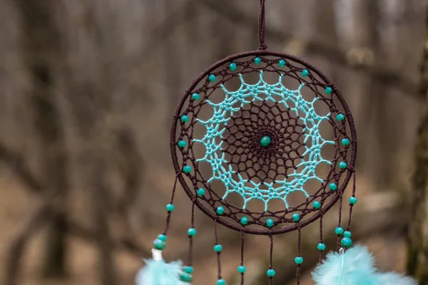 Handmade dream catcher with feathers threads and beads rope hanging — Stock Photo, Image