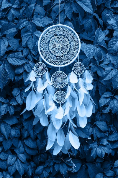 Tüylerden, deriden, boncuklardan ve iplerden yapılmış düş kapanı 2020 'nin klasik mavi moda renginde..