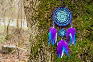 El yapımı rüya yakalayıcı iple asılı tüyler konu ve boncuk