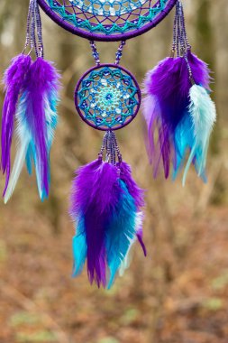 El yapımı rüya yakalayıcı iple asılı tüyler konu ve boncuk