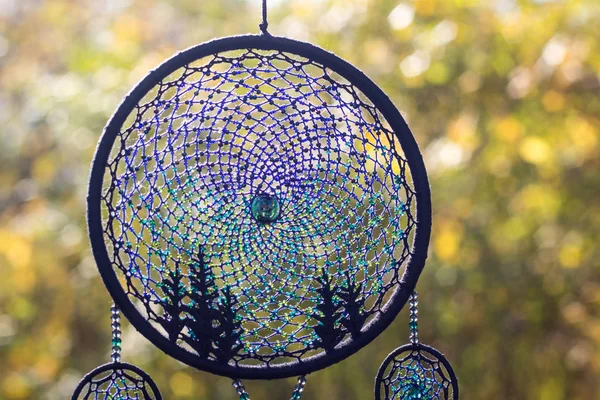 Handmade dream catcher with feathers threads and beads rope hanging — Stock Photo, Image