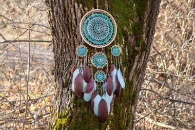 El yapımı rüya yakalayıcı iple asılı tüyler konu ve boncuk