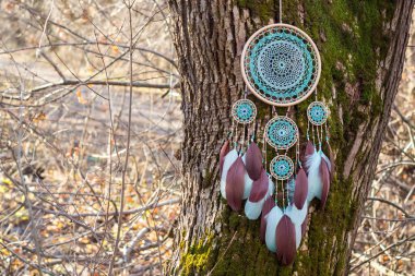 El yapımı rüya yakalayıcı iple asılı tüyler konu ve boncuk