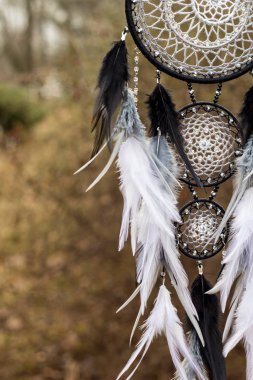 El yapımı rüya yakalayıcı iple asılı tüyler konu ve boncuk