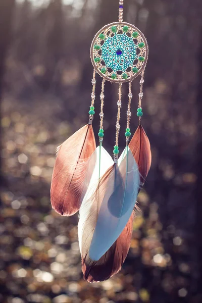 Handmade dream catcher with feathers threads and beads rope hanging — Stock Photo, Image