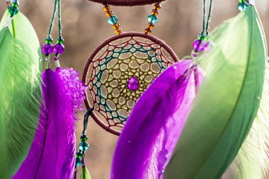 El yapımı rüya yakalayıcı iple asılı tüyler konu ve boncuk