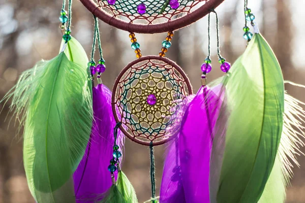 Handmade dream catcher with feathers threads and beads rope hanging — Stock Photo, Image