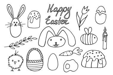 Cute cartoon hand drawn Easter vector doodle set: bunnies, flowers, easter eggs, cupcakes, cakes, baskets, chicken, carrots, bee candles and letter