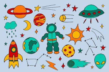 El çizilmiş renkli kozmos doodle vektör seti illüstrasyon