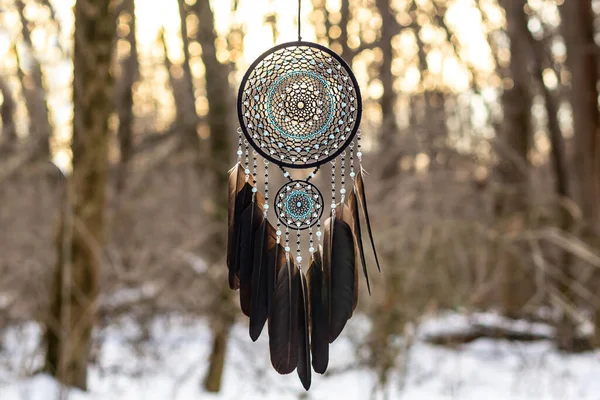 Chyták Snů Peřím Korálky Zavěšenými Provazy Dreamcatcher Ruční Výroba — Stock fotografie