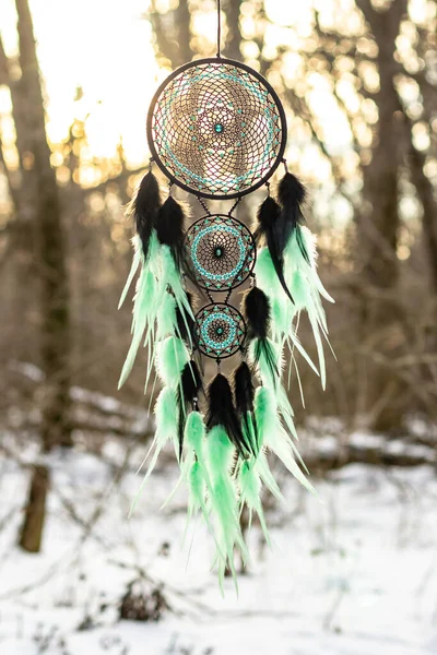 Chyták Snů Peřím Korálky Zavěšenými Provazy Dreamcatcher Ruční Výroba — Stock fotografie