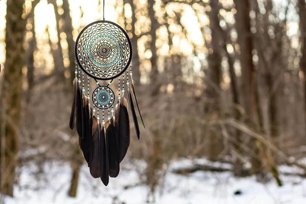 Chyták Snů Peřím Korálky Zavěšenými Provazy Dreamcatcher Ruční Výroba — Stock fotografie