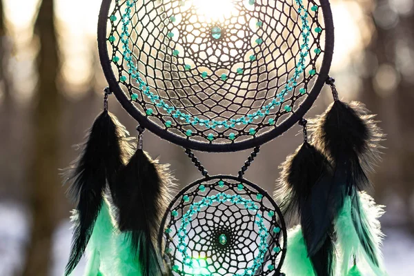 Chyták Snů Peřím Korálky Zavěšenými Provazy Dreamcatcher Ruční Výroba — Stock fotografie