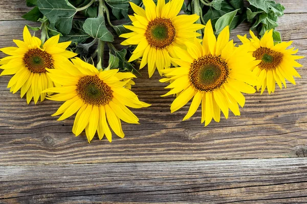 Autumn Background Yellow Sunflowers Old Brown Wooden Board Copy Space — Stock Photo, Image