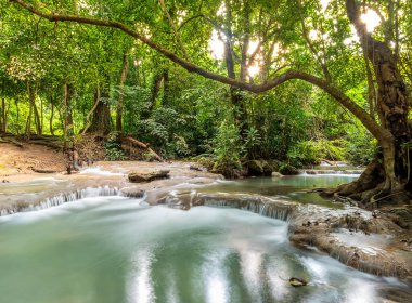 Ormandaki güzel şelale. Tropikal ve manzaralı. Tayland 'a seyahat ve tatil.