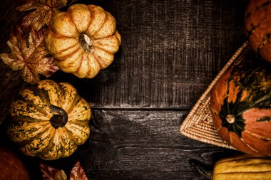 Sonbaharda meyve ve sebzeli Şükran Günü arkaplanı, sonbahar ve sonbahar hasat mevsimi. Yazı için alanı kopyala.