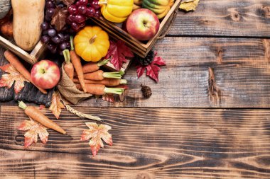 Sonbaharda meyve ve sebzeli Şükran Günü arkaplanı, sonbahar ve sonbahar hasat mevsimi. Yazı için alanı kopyala.