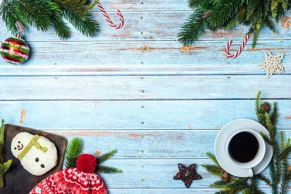 Hot coffee for Winter season. Merry Christmas and Happy New Year. Hot drink and cake for vacation holiday.