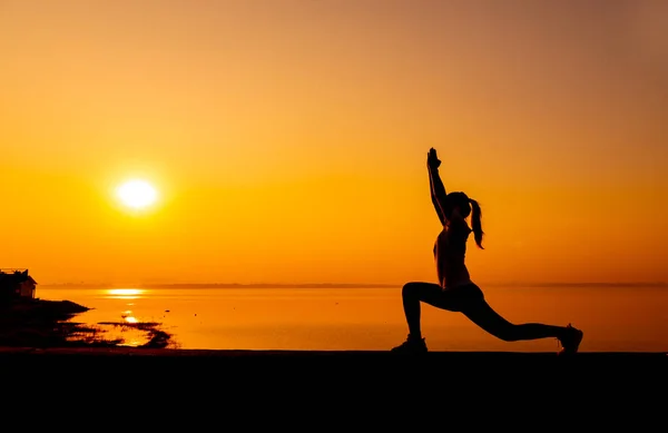 Silueta Mujer Deportiva Con Puesta Sol Actividad Saludable Ejercicio Estilo — Foto de Stock