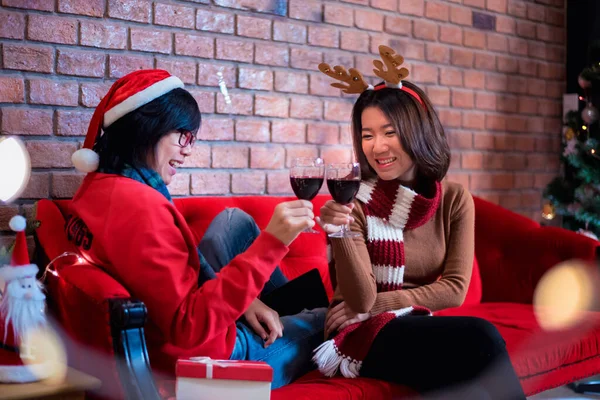 Christmas New Year Party Asian Friends Winter End Year Celebrating Stock Photo