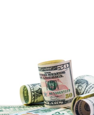 Amerika 'nın Amerikan Doları, Banknotları, para ve finans, kesme ve yol, beyaz arka planda izole