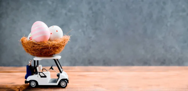 Close Shot Colorful Easter Eggs Golf Car Wooden Table Stock Photo