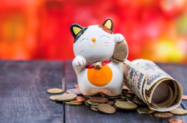 Japon para birimi, Japon banknotları, şanslı kediyle para ve finans.