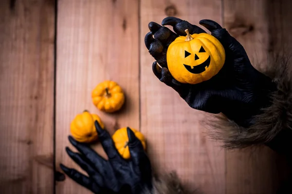 Happy Halloween Werewolf Zombie Hands Painting Scary Pumpkin Trick Treat — Stock Photo, Image