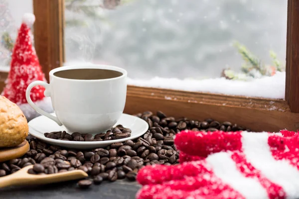 Hot coffee for Winter season with snow. Merry Christmas and Happy New Year on vacation holiday.