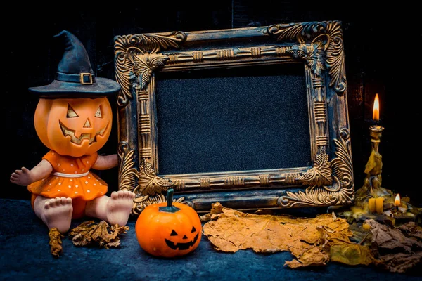 Close Shot Van Halloween Pompoenen Met Frame Zwart — Stockfoto