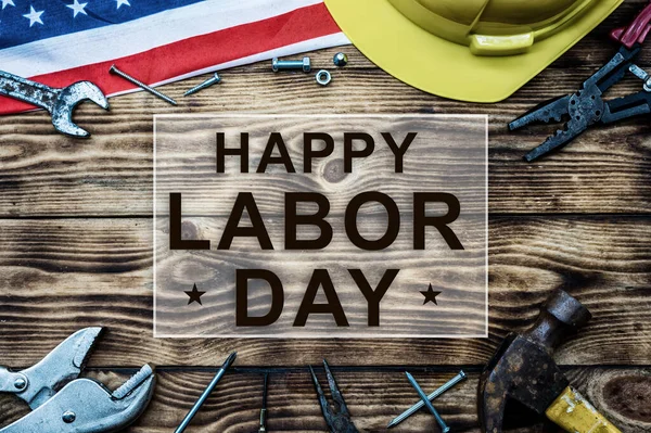 Happy Labor Day Construction Tools Text Wood Background — Stock Photo, Image