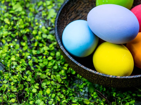Primer Plano Los Huevos Pascua Césped Verde Para Celebración Pascua —  Fotos de Stock