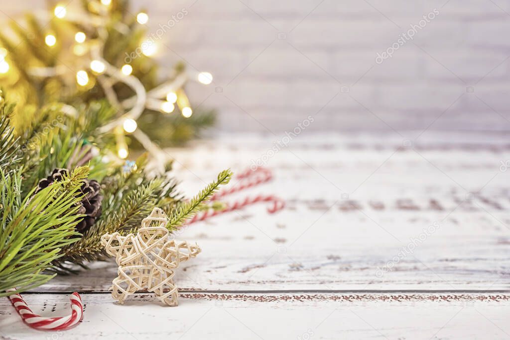 Christmas and Happy New Year background. Winter season holiday with decorations and copy space for text.