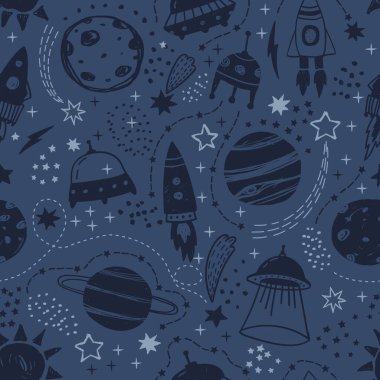 Kusursuz şirin uzay deseni. Bebek kıyafetleri, bebek yatağı, duvar kağıtları, defter kılıfları vs. için iyidir..